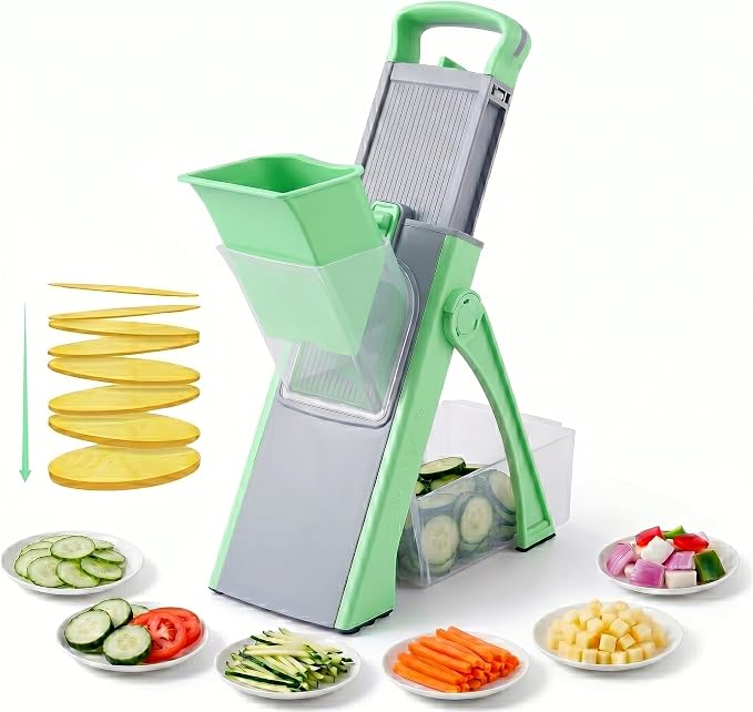 Mandoline Slicer Vegetable Cutter with Container - No Blade Change Needed, Adjustable 0.1-8mm Thickness, Stainless Steel, Hand Guard, Julienne Waffle Cuts for Meal Prep (Green)