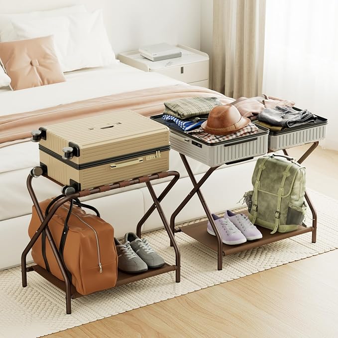 AMHANCIBLE Luggage Rack, Set of 2, Foldable Suitcase Stands for Guest Room | Metal Luggage Holder with Storage Shelf for Bedroom, Hotel, Easy Assemble, Bronz