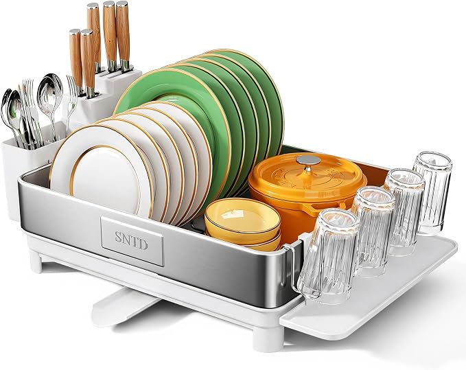 SNTD 304 Stainless Steel Dish Drying Rack for Small Kitchen Counter, White | Rustproof, Large Capacity, Heavy-Duty Frame, Rotating Spout, Angled Drainboard, Removable Cup & Utensil Holder