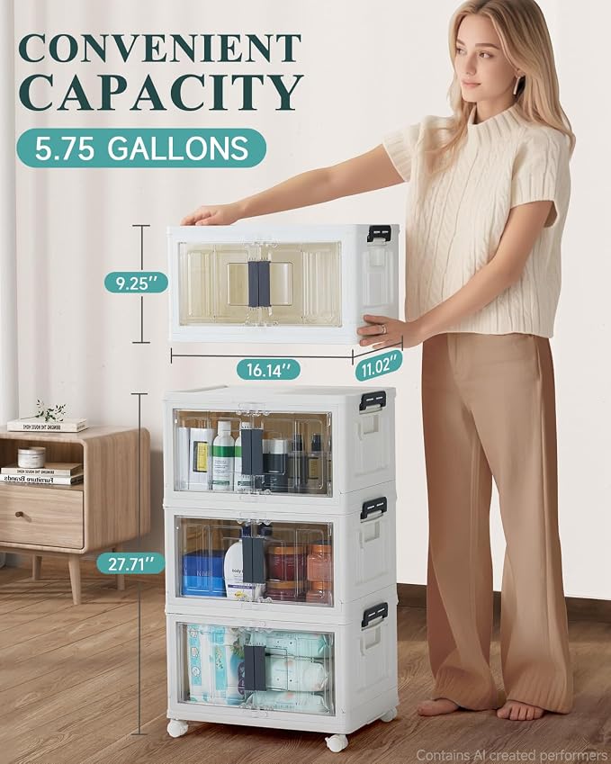 OlarHike 23QT Stackable Lockable Storage Bins with Lids - Folding Storage Box with Doors & Wheels, Collapsible Plastic Organizers for Closets, Dorm, School, Office, Drawers, Bathroom, Gifts, 3 Pack