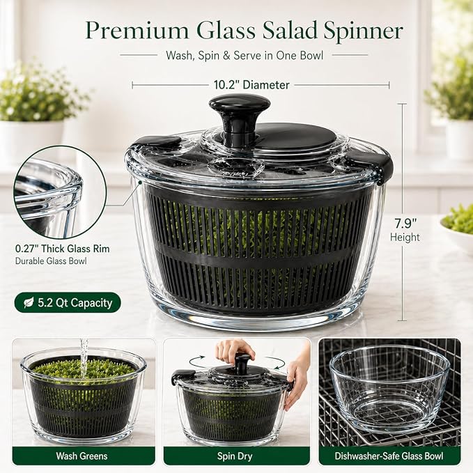 Large 5.2 Qt Glass Salad Spinner with Drain,Black | Microwave- and Dishwasher-Safe Glass Bowl, Transparent Lid, Crank Handle, Quick-Spin Salad Cleaner for Lettuce, Herbs & Fruit