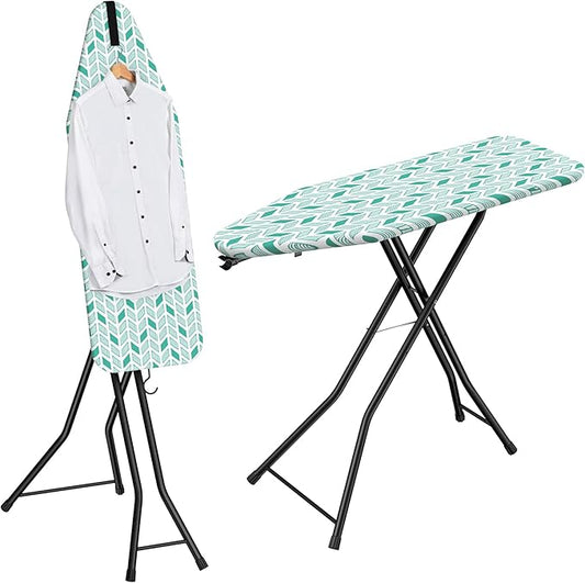 LyriFine Ironing Board, 2-in-1 Ironing and Steaming Board, Sturdy Steel Frame Iron Board with Non-Slip Feet, Heat Resistant Cover Iron Board, Foldable Compact Ironing Board with Hook, 14″ x 43″ Green