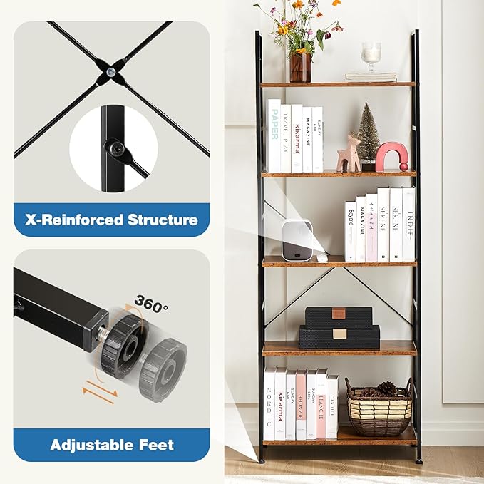 DUMOS 5 Tiers Bookshelf, Classical Modern Book Shelf, Tall Display Shelves in Living Room/Home/Office, Storage Organizer for CDs/Books/Movies, Rustic Brown | Tall Display Shelves in Living Room/Home/Office, Storage Organizer for CDs/Books/Movies, Rusti...