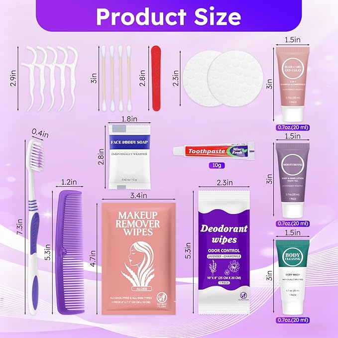 Travel Toiletries Personal Cleaning Bulk,Disposable Hygiene Kit Care Package Supplies, Women Toiletry Essentials Set Individually Wrapped for Camping, Hotel, Vacation, Homeless, Charity (11-in-1, 50)
