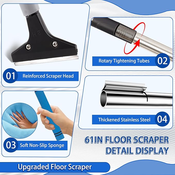 Floor Scraper Heavy Duty Long Handle,61in 4"Razor Blade Floor Scraper Adjustable with 10PCS Extra Metal Blades Paint Scraper for Cleaning Stickers Gum Glass Wall Tile Linoleum Stove Top