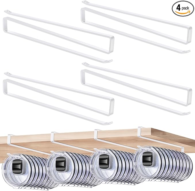 4 Pack Tumbler Lid Organizer, Cup Lid Holder Holds 12 Lids Each Under Cabinet, Space Saving Hook for Kitchen Storage and Coffee Cups, No Drilling, Carbon Steel, White