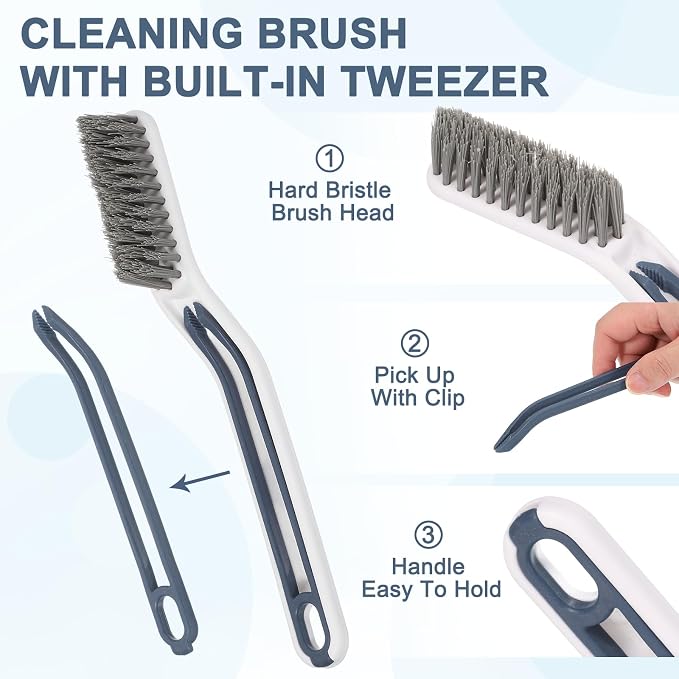 uxcell Crevice Cleaning Brush with Tweezer, Hard Bristle Gap Brush for Tidying Narrow Space, Deep Cleaning Supplies for Kitchen Sink, Toilet, Bathroom, Bathtub, Home, Window, White