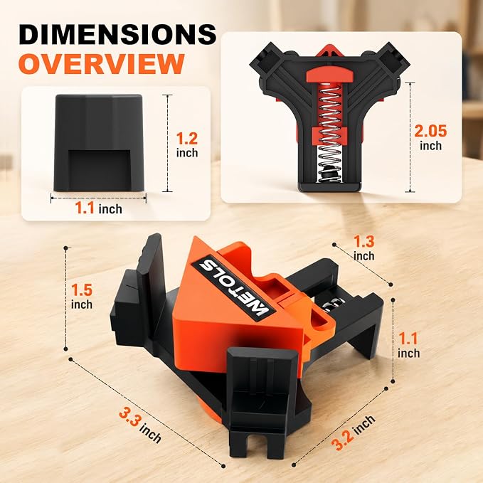 WETOLS 90 Degree Corner Clamp Set, 4 Pcs Adjustable Clamps for Woodworking | 4-Piece Set, 90° Corner Clamps, Fits 3/16"-3/4" Wood, Strong Spring, Easy One-Hand Operation, Durable Polyamide, Gift Box