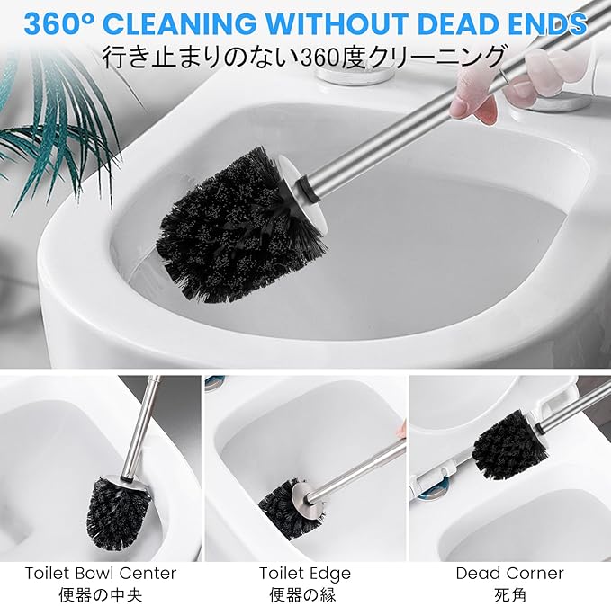 Toilet Brush and Holder Case and Stainless Steel Handle Toilet Cleaning Brush Double Layer Holder Long Brush Handle High Density Bristles Toilet Bowl Brushes Grey
