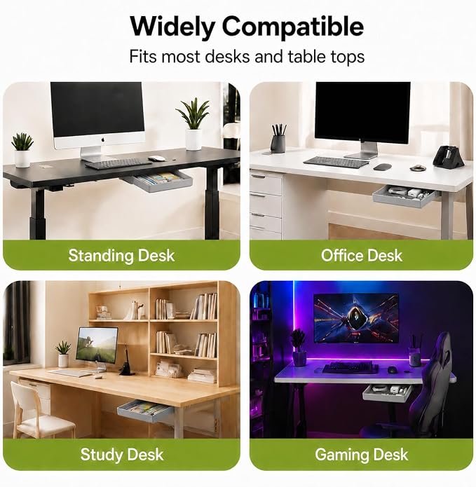 Under Desk Drawer, 2 Pack Self Adhesive Slide Out Desk Storage Drawers | Hidden Desk Drawer Organizer Attachment for Pens, Notes, Earbuds, Cables and Small Office Accessories, Grey