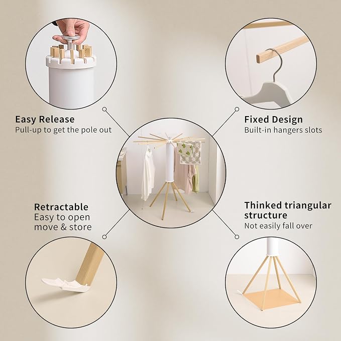 RFOUO Foldable Clothes Drying Rack with Wooden 12 Rods | Portable，Space-Saving Freestanding Drying Rack for Indoor Outdoor, Apartment, Bedroom, Laundry Room