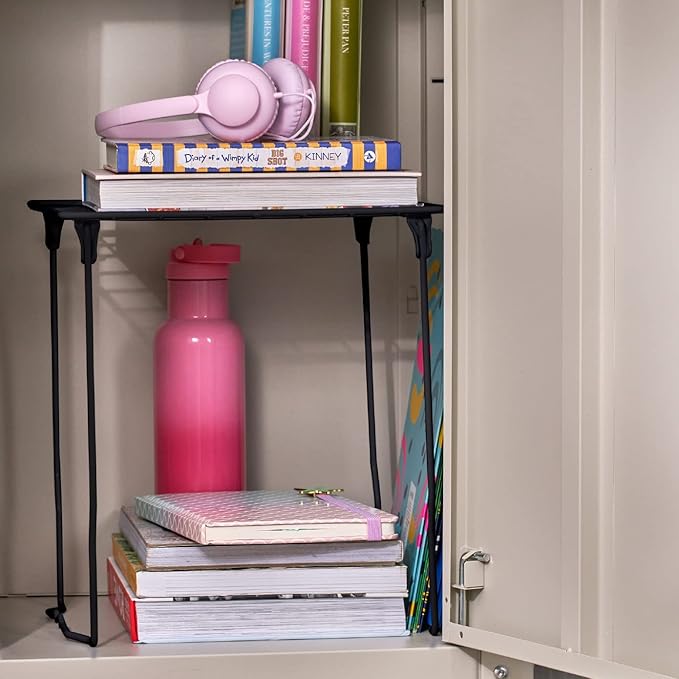 LockerMate Stac-A-Shelf Locker Organizer Shelf, Stackable, Extra Tall, Fits Standard Size School Lockers, Black
