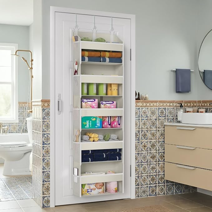Over the Door Organizer with 5 Front & 10 Mesh Side Pockets, Versatile 5 Shelf Hanging Door Organizer 50lb Capacity Extra Large Storage Space-Saving with 3 Hook for Closet, Kitchen, Pantry, Beige