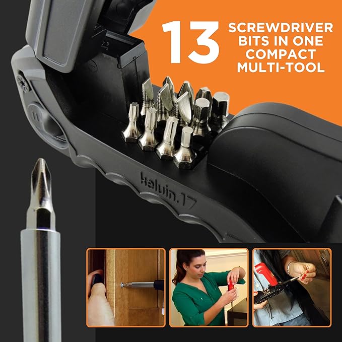 Kelvin Tools - Kelvin 17 Urban Screwdriver Set, All in One Everyday Multitool Screwdriver, Multi-Tip, Compact & Universal Precision, 13 Bit Set with Tape Measure, Liquid Level, Hammer and Flashlight