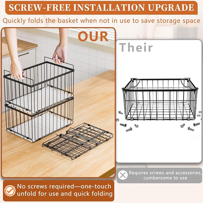 Large Freezer Organizer Bins, Upgrade Quick Expand/Collapse Feature, for 5-9 Cu.Ft Deep Freezer, 6 Pack Stackable Deep Freezer Organizer Bins, Black Wire Foldable Baskets (Black 6 Pack)