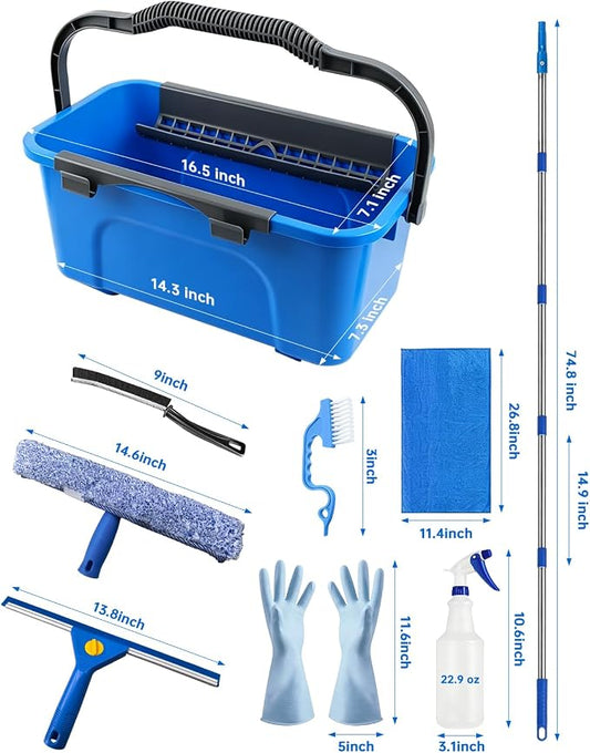Window Cleaning Kit with Storage Bucket, Squeegee Cleaner Tool with Extension Pole, Glass Cleaning Tools Set with Spray Bottle, Brush, Scrubber, Gap Brush & Gloves for Window Shower Mirror Car