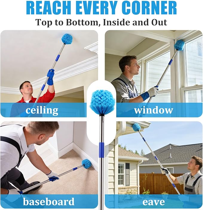 Cobweb Duster with Extension Pole - 4 FT Lightweight Stainless Steel Extendable Duster Ceiling Fan Duster for High Ceilings, Medium Stiff PET Bristle Spider Web Brush for Indoor/Outdoor Cleaning
