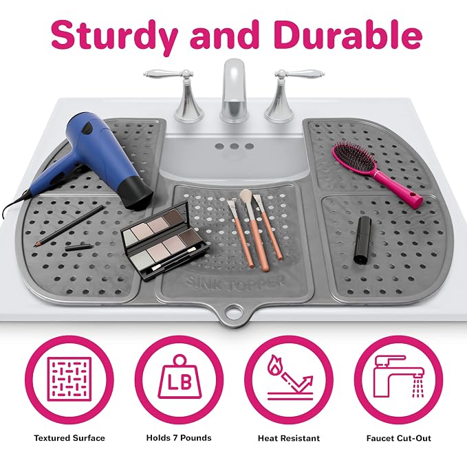 Sink Topper Bathroom Sink Cover for Counter Space, Large Silver | Holds up to 7 lb on a steel frame; fits over basins 19-23 in; 480°F silicone; foldable makeup mat; countertop extender