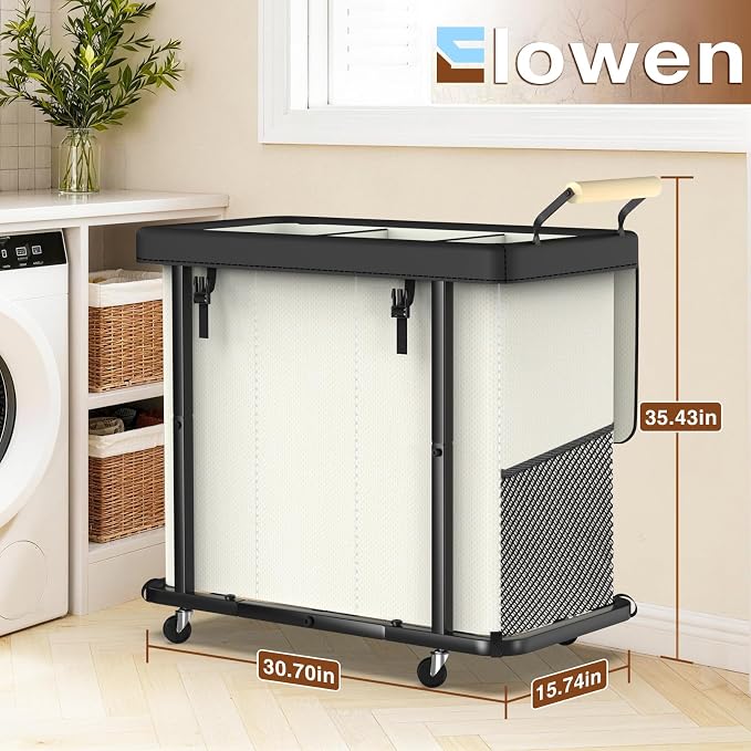 Rolling Laundry Hamper with Wheels,Laundry Hamper 3 Section with Lid Beige | Laundry Basket with Rolling Lockable Wheels and Handle, Laundry Basket Organizer for Laundry Room, Bedroom 60Gal