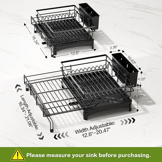 Expandable Over Sink Dish Drying Rack (12.6"-20.5"), Rustproof Metal Dish Drainer with Auto-Draining Tray & Utensil Holder, Large Capacity Sink Organizer for Kitchen Counter, Fits Most Sinks - Black