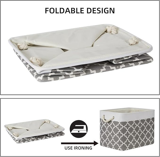 Bidtakay Large Fabric Storage Basket Set of 2 Collapsible Rectangle Basket for Shelves 16" X 11.8" X 11.8" Decorative Organizer Bins for Clothes Toys(White&Quatrefoil Grey)