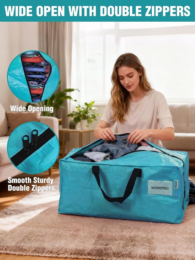 WORKPRO 1 Pack Extra Large Moving Bags with Backpack Straps & Handles | Heavy Duty Moving Storage Bags, Blue, Double Zippers for Moving, Dorm, Closet Storage, Travel & Space Saving