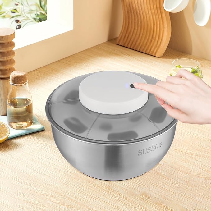 Electric Salad Spinner, 304 Stainless Steel Lettuce Spinner with USB Rechargeable, 10s Fast Spin Vegetable Dryer and Washer for Kitchen, Salad Greens, Fruits