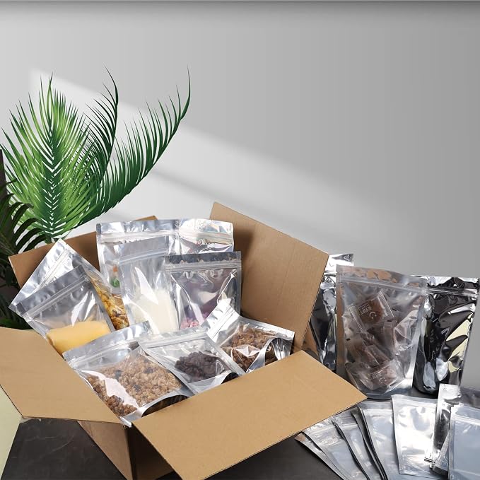 200 Pack 5x8 Mylar Bags with Window Stand Up Bgas 7.5mil Thick for Food Storage and Resealable for Small Business Packaging Bag | 7.5 Mil Thick, Food Storage, Resealable Closure, Small Business Packaging, Upright Base, Viewing Panel