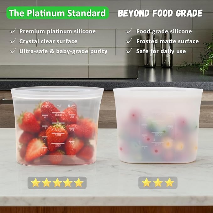 100% Platinum Silicone Reusable Storage Bags, 12 Pack, Premium Silicone Food Storage Bag Stand-Up Wide-Mouth Zip-Lock, Microwave Dishwasher Safe, 4 M + 4 S + 4 XS, Crystal-Clear