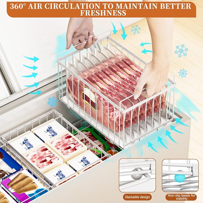 Large Freezer Organizer Bins, Upgrade Quick Expand/Collapse Feature, for 5-9 Cu.Ft Deep Freezer, 4 Pack Stackable Deep Freezer Organizer Bins, Black Wire Foldable Baskets White 4 Pack