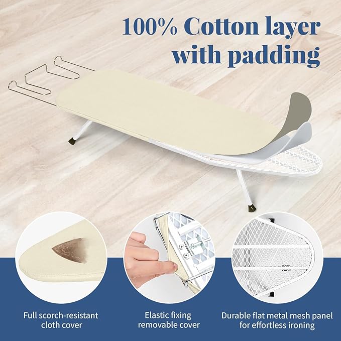 Mini Ironing Board with Iron Rest, Small Iron Board Foldable with Heat Resistant Cover, BlissBoard Tabletop Compact Iron Table for Dorms, Aprtment and Travel, 32"x12", Ivory