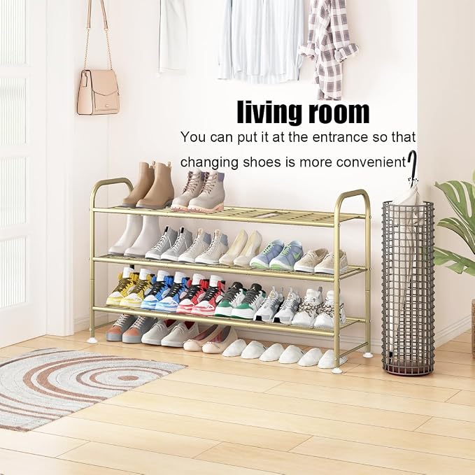 LINZINAR Shoe Rack Long 3 Tier Shoe Storage Organizer Metal Wide Shoe Shelf for Closet Entryway Bedroom 24 Paris Large Capacity, Gold