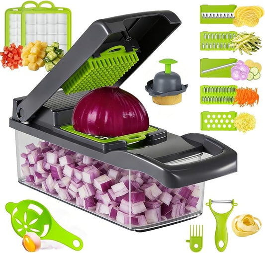Vegetable Chopper with Container Cheese Grater Mandoline Slicer Cabbage Shredder for Veggie Onion Potato Fruit Food, Includes Egg Separator & Vegetable Peeler, Manual Hand Cooking Gadget for Kitchen