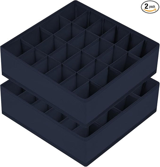 joyoldelf Sock Organizer Drawer Organizer - 2 Packs Underwear Organizer,24 Cells Collapsible Closet Organizers and Storage Sock Holders Organizers for Storing Socks, Ties, Belts(Navy Blue)