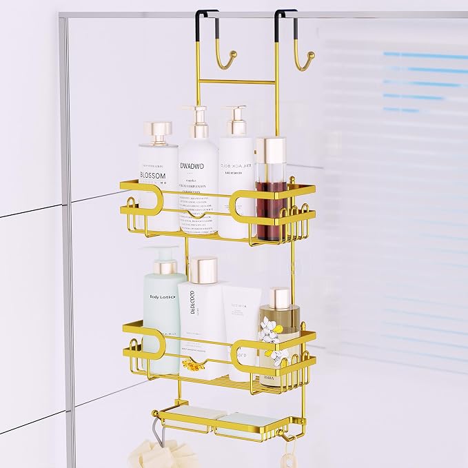 SWTYMIKI Over the Door Shower Caddy Hanging with Double Soap Holder, Hanging Shower Organizer with 16 Hooks, No Drilling Shower Shelves Over Door, Bathroom Rack and Storage, Gold