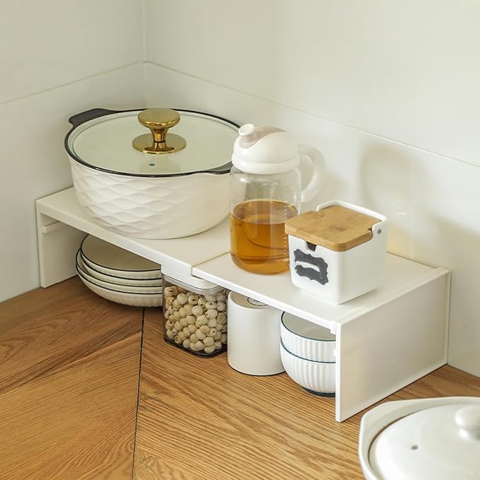 Cabinet Shelf Expandable Organizer Riser Storage Space Saver Stackable for Kitchen Pantry Cupboard Under Sink Countertop White Simple Houseware Counter (White)