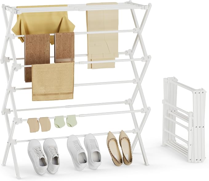 Foldable Clothes Drying Rack, Reinforced Joints, White | 35 lbs load, rustproof carbon steel, adjusts 17.7"-29"W, indoor & outdoor, tool-free