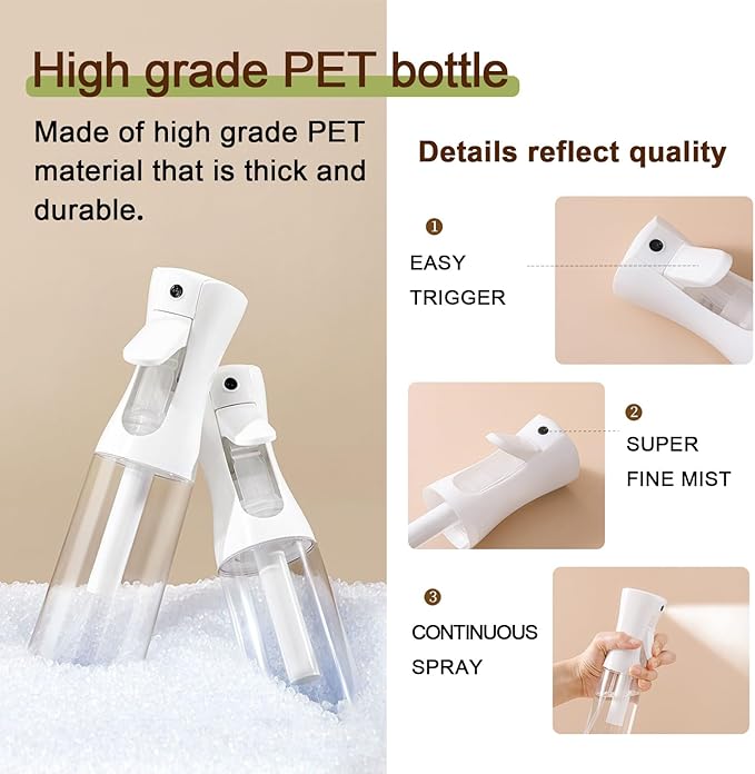 Fine Continously Mist Spray Bottle (10.1oz/300ml) for Body moisturizer Hair styling Cleaning Garden plant care etc.,Hair Mister Misting Continuous Mist Spray Bottle,2Pcs (Black+White)