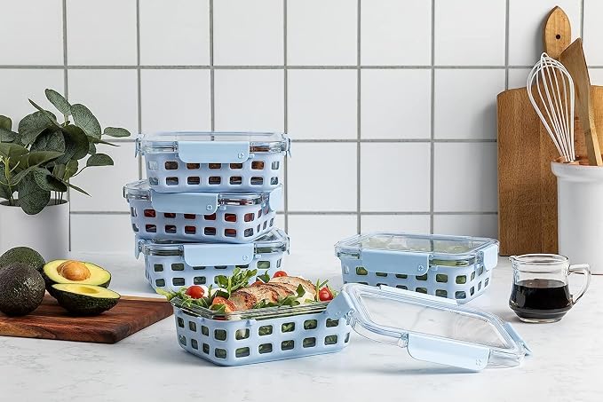 Ello Duraglass 3.4 Cup Meal Prep Sets 10Pc- Glass Food Storage Container with Silicone Sleeve and Airtight BPA-Free Plastic Lids,Dishwasher,Microwave,and Freezer Safe,Halogen Blue,5 Count (Pack of 2)