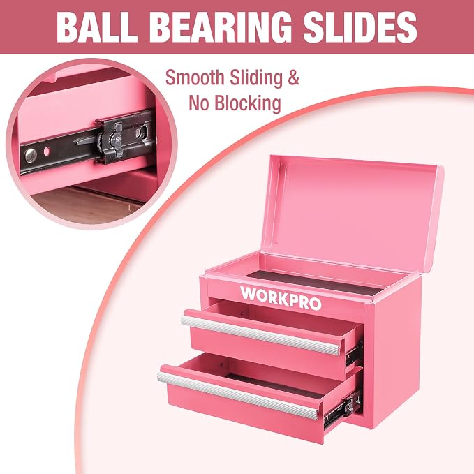 WORKPRO Metal Mini Tool Box with 2 Drawers and Top Storage | Cold Rolled Steel Toolbox, Ball Bearing Slides, PVC Drawer Liners, PP Feet Pads, Durable Storage