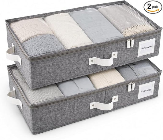 HOMELUX THEORY 2pc Under Bed Storage Containers, Bedroom Under the Bed Drawer Storage Organizer with Bins and Lids, Large Underbed Clothes Storage Box Ideal for Blanket, Fabric, & Shoes (LightGray)