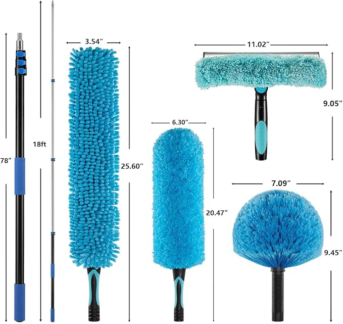 25ft 2 Cobweb Dusters, 18ft Extension Pole, High Ceiling Cleaning Tool | Fan Cleaner , 3-in-1 Window Squeegee Kit, Heavy Duty, Household Cleaning Gloves