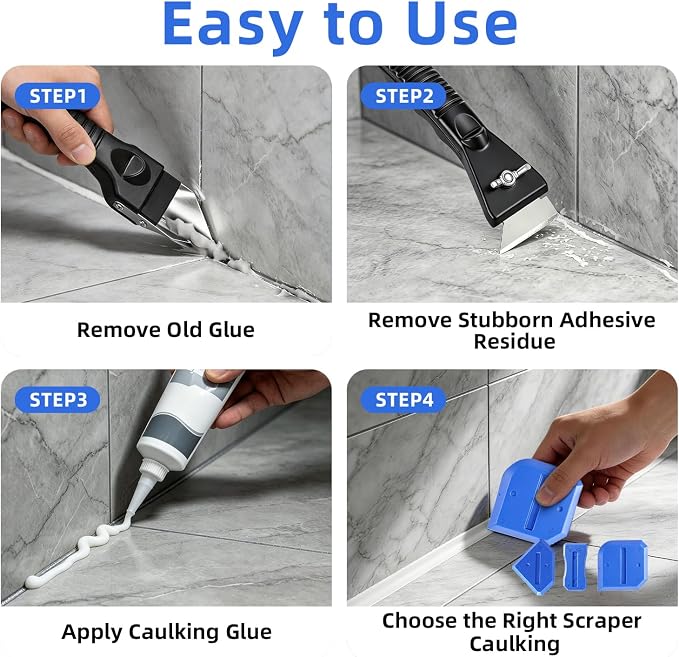 Silicone Caulking Tool Kit, Caulk Remover Tool, Putty Knife Scraper, 3 Glass Glue Corner Scrapers, Grout Removal Tool with Stainless Steel Head for Kitchen Bathroom and Window