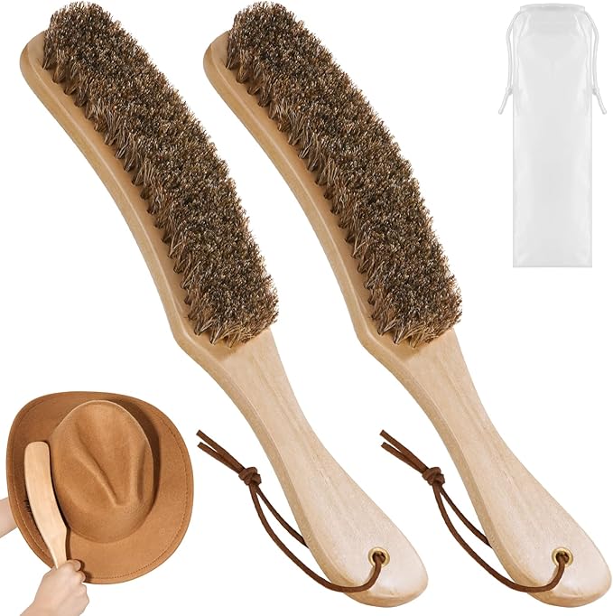 Clothes Brush Horsehair Cleaning Brush Kit for Hats, Wool, Suede, 2 Pack | 100% Horsehair Removes Dust Lint Pet Hair for Cashmere Velvet Suits Shoes Furniture Edges Seams with Wood Handle Storage Bag