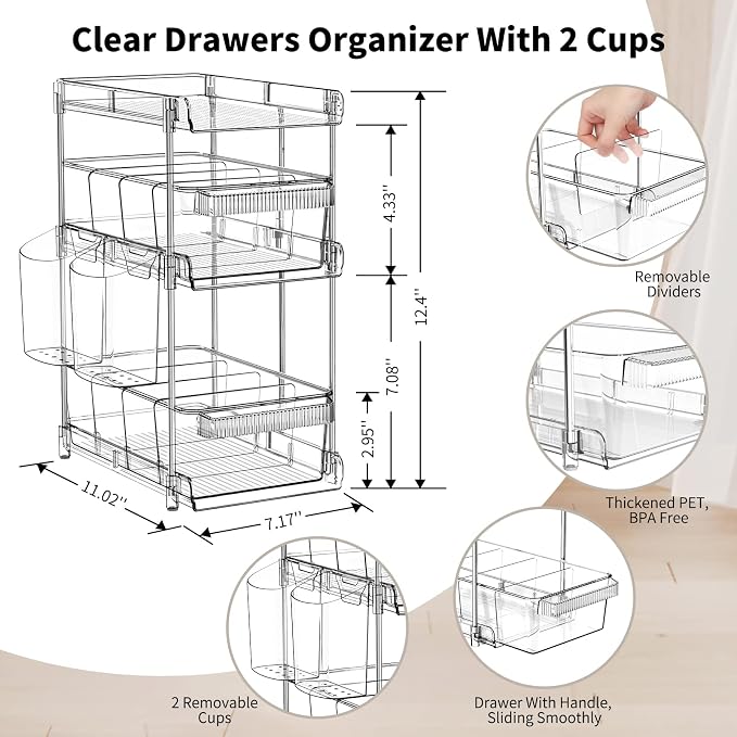 Clear Bathroom Organizers 2 Sets 3 Tier, Pull Out Organizer and Storage with 2 Cups, Slide Out Drawer Storage Container with 6 Dividers, Multi-Purpose Bathroom Organizer, Kitchen Under Sink Organizer
