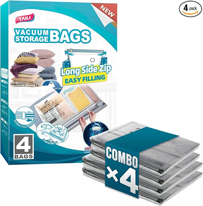 TAILI Vacuum Storage Bags 4 Pack, 2 Size Combo(2 Large+2 Jumbo), LONG SIDE ZIP Vacuum Seal Bags for Clothing, Space Saver for Beddings, Comforters, Blankets, Pillows