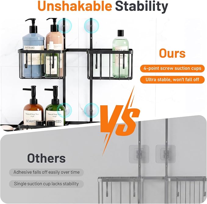 Luxspire Shower Caddy Hanging over Shower Head, Rustproof Adjustable Shower Rack No Drill, Thickened Stainless Steel Shower Organizer and Storage for Inside Shower with Hook Soap Holder, Black
