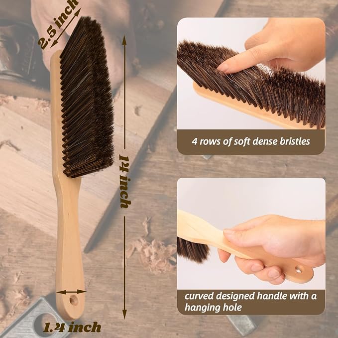 2 Pieces Woooden Dust Brush Hand Broom Bench Brush with Long Wood Handle Whisk Broom Soft Bristle Brush for Counter Bed Sofa Car Fireplace Clothes Household Cleaning