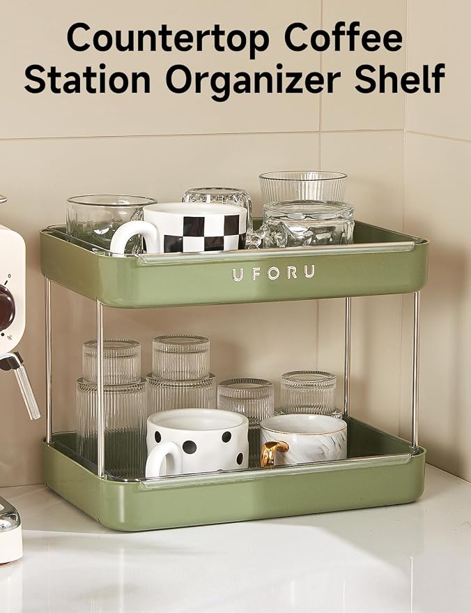UFORU Countertop Coffee Station Organizer,Cup Rack,Mug & Wine Glass Holder | 2-Tier Green Mug Shelf with Removable Drain Tray,Bathroom Countertop Organizer,Spice Rack for Kitchen