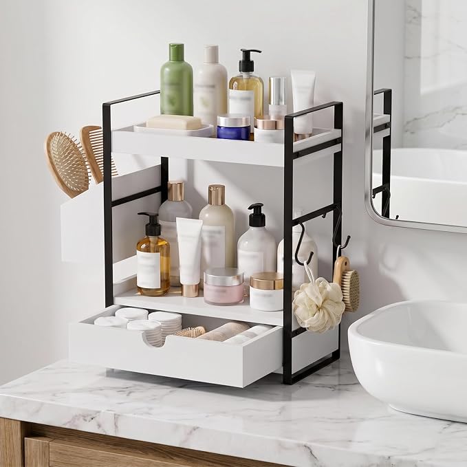 Kottwca 2-Tier Bathroom Counter Organizer with Drawer, Basket & Hooks, Wooden Vanity Shelf for Skincare, Perfume & Makeup Storage(White)